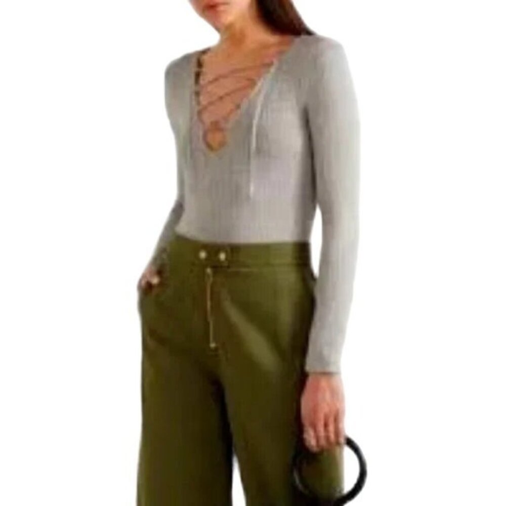 Splendid Gray Ribbed Lace Up Long Sleeve Bodysuit
